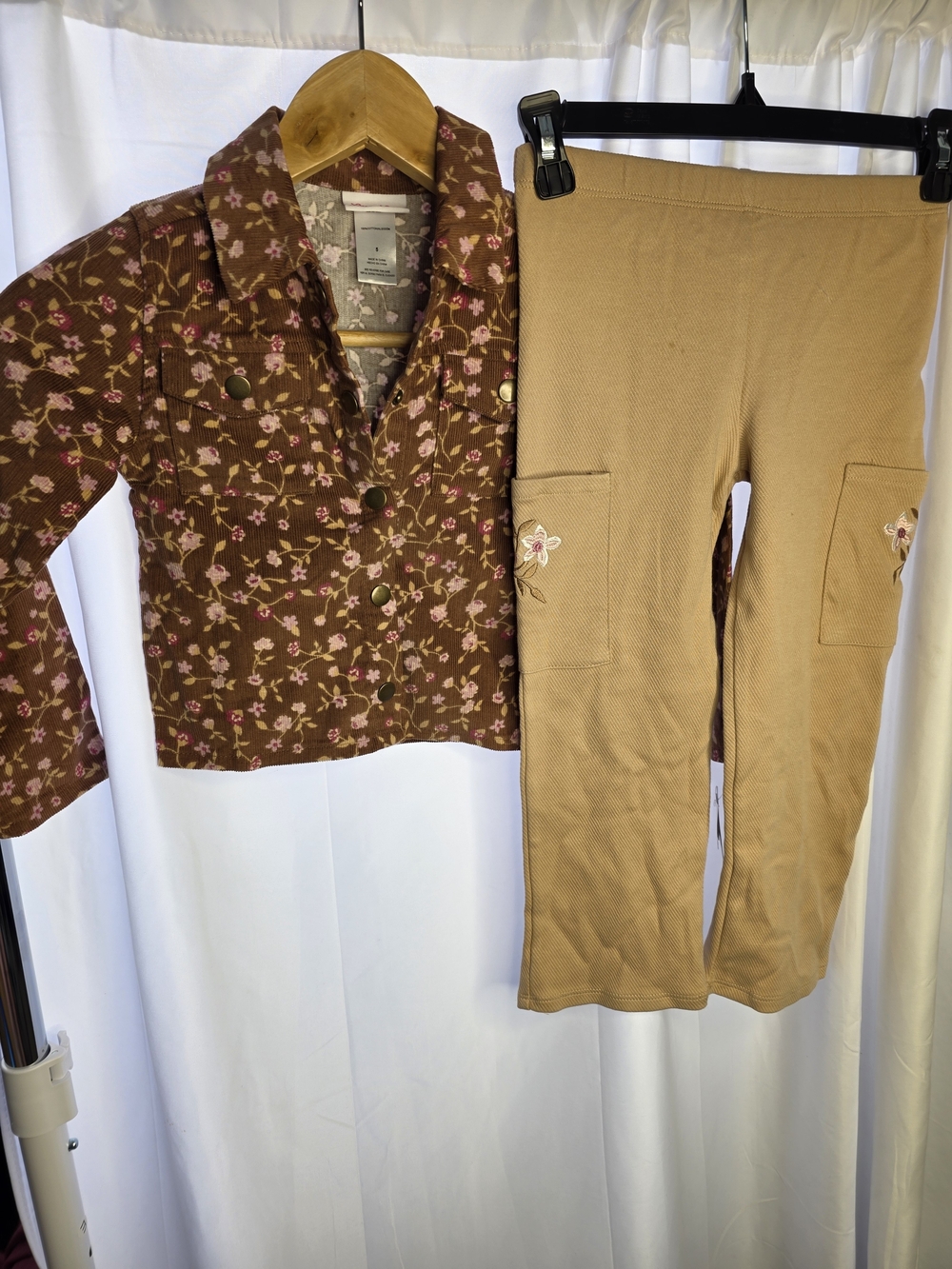 Little Lass Brown Floral Crop Jacket with Tan Cargo Leggings